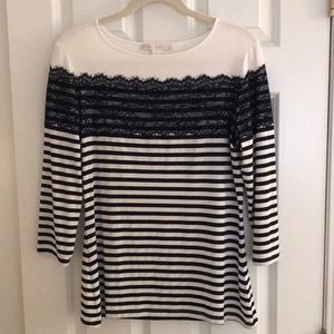 Boston Proper Black & White Stripe Top with Feminine Black Lace E…